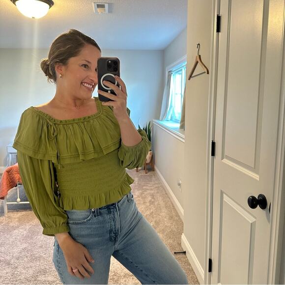 Ramy Brook Green Smocked Long Sleeve Crop Blouse Top Medium - Picture 4 of 10